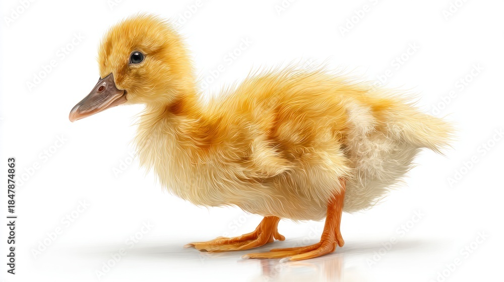 Fototapeta premium Charming yellow duckling isolated on white background for commercial use
