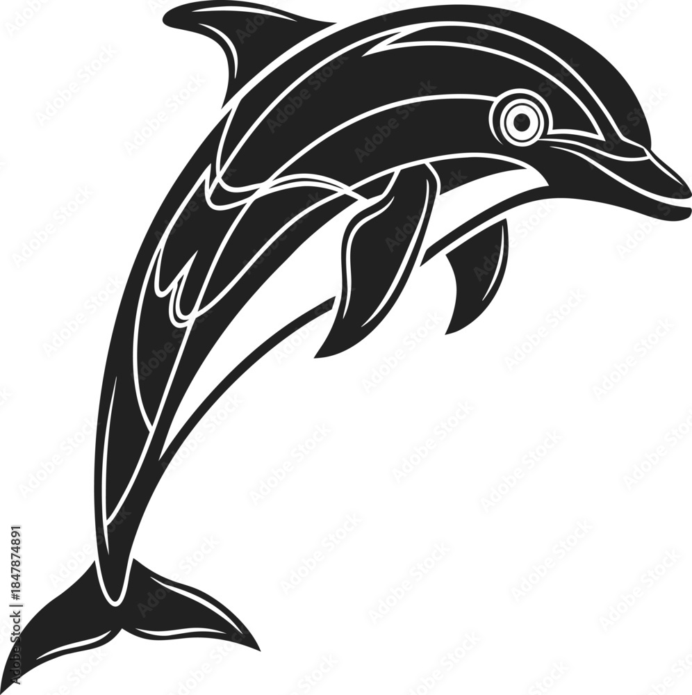 Naklejka premium Elegant black dolphin jumping out of water in dynamic motion