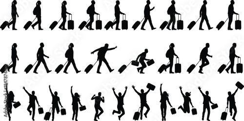 Collection of black silhouette travelers walking running and jumping with suitcases isolated on white background for summer holiday travel concept.