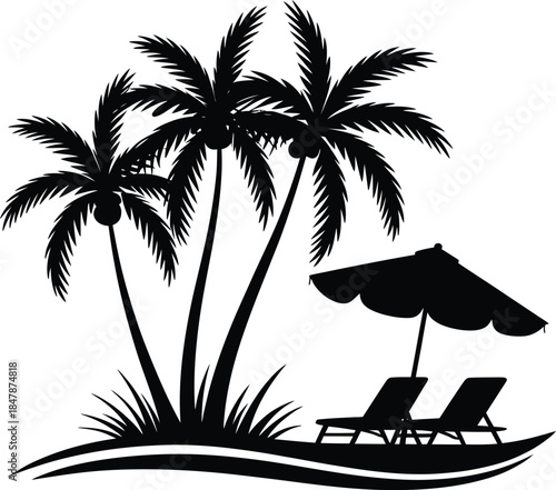 Silhouette of tropical beach with palm trees lounge chairs parasol vector art