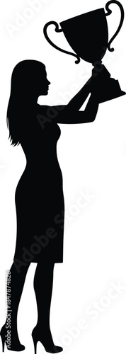 Black silhouette of business woman holding winner trophy cup high above head, celebrating victory and success isolated on white background.