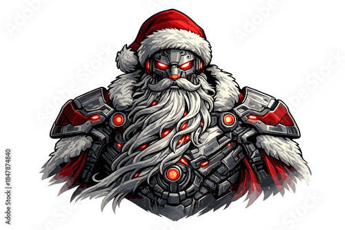 A futuristic cyborg Santa, clad in metallic armor with glowing red eyes and a flowing cyber beard, embodies a bold, imaginative, and dramatic sci‑fi holiday character,