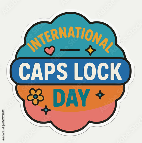 International CAPS LOCK Day Badge – Colorful Festive Graphic with Decorative Icons