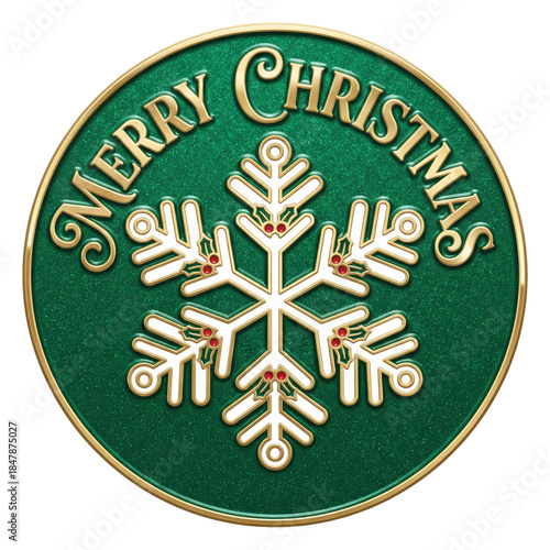 Elegant gold snowflake with merry Christmas text on green circular medallion style holiday illustration
