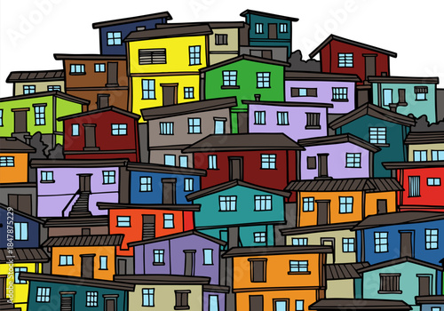 A vibrant and densely packed collection of colorful houses stacked closely together, creating a visually striking urban landscape.