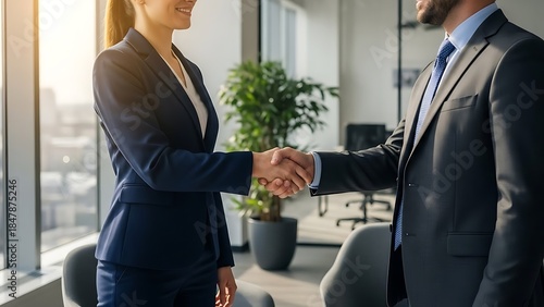 Business professionals shaking hands in modern office setting