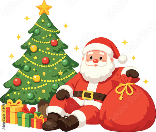 Santa Claus, the national hero of fairy tales, sits beside a festively adorned Christmas tree