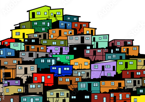 A vibrant illustration of a densely packed hillside community with colorful, multi-story dwellings.