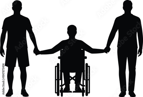 Silhouette of three men holding hands, one disabled in wheelchair, symbolizing support, friendship, inclusion, teamwork and togetherness isolated on white background