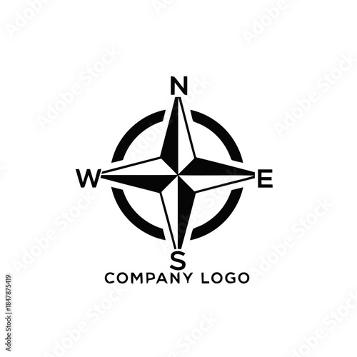 Simple black and white compass rose with cardinal directions.