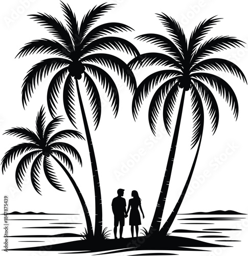 Silhouettes of loving couple standing on beach under palm trees background