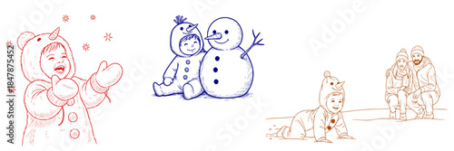 Vector set - Your child dressed up as a snowman: Children playing in snow, building snowmen and having fun in winter  