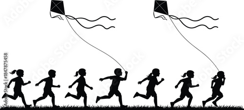 Silhouette of happy children running on grass flying kites together, symbolizing childhood freedom, play and joy isolated on white background