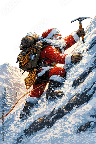 A grand winter escapade featuring a highly detailed, formidable Santa scaling a snowy hill under cinematic lighting