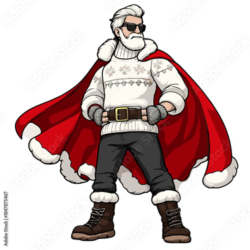 A fashionable Santa with grey hair, exuding a contemporary superhero vibe while wearing snug knitted clothing against a bright red backdrop