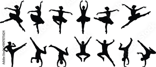 Elegant Black Silhouettes Collection of Dynamic Ballet Dancers and Acrobatic Gymnasts Performing Various Jumps, Leaps, and Floor Exercises on White Background for Dance and Sport Design Elements.