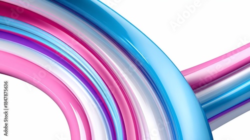 Curved, abstract ribbons in shades of pink, purple, white, and blue against a white background