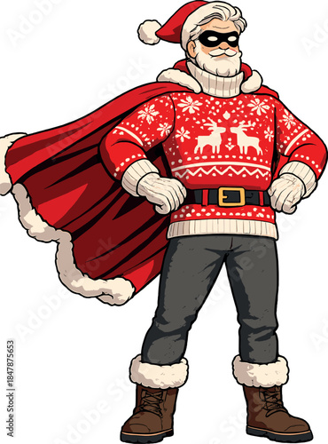 A fashionable grey‑haired superhero Santa, fearless, dons warm knitted garments against a solitary red backdrop