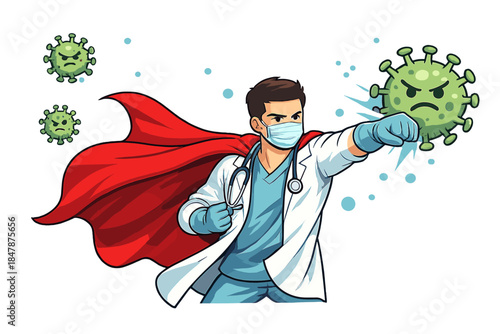 Male superhero doctor wearing a red cloak, protective gloves, and mask, illustrating protection against Caronavirus, in vector illustration