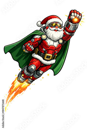 The isolated techno superhero character, Flying Santa Claus