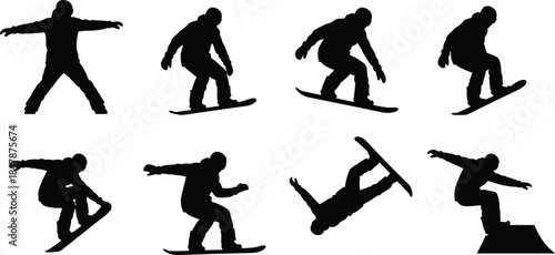 Set of Black Snowboarder Silhouettes Performing Dynamic Stunts, Jumps, and Extreme Winter Sport Action Poses on White Background Collection for Ski 