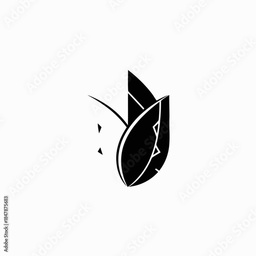 Stylized black and white illustration of two abstract leaves with geometric patterns.