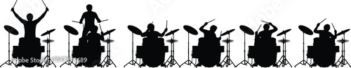 Musician Drummer Silhouette Vector Set, Men Playing Drum Sets with Energy and Rhythm, Representing Music Performance, Rock Concert, Band Entertainment, and Artistic Expression