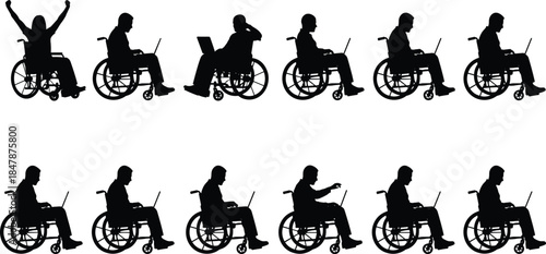 Disabled People in Wheelchairs Working on Laptops Silhouette Set, Representing Accessibility, Independence, Technology, Work From Home, and Professional Disability Inclusion Vector
