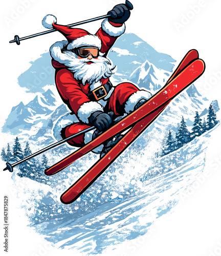 Photorealistic illustration of a badass Santa shredding the slopes with ski tricks against a snowy mountain backdrop