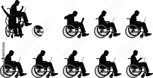 Wheelchair Users Working and Celebrating Success Silhouette Set, Representing Empowerment, Independence, Technology, Remote Work, and Disability Inclusion Vector Graphics