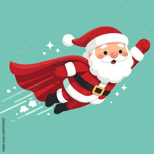A vector cartoon of a playful Santa Claus as a superhero, cape flying, one arm extended forward, soaring over an aqua‑green backdrop, featuring a flat design Christmas scene