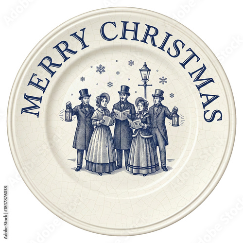 Vintage Christmas carol singers with merry Christmas text in classic engraving style circular illustration