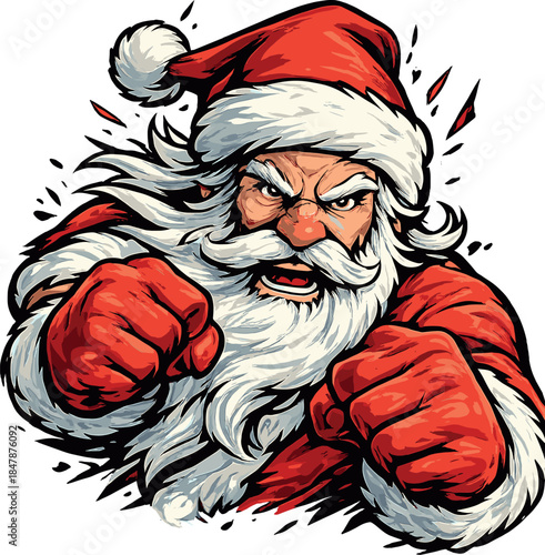 A bold, energetic depiction of Santa Claus exuding power and resolve