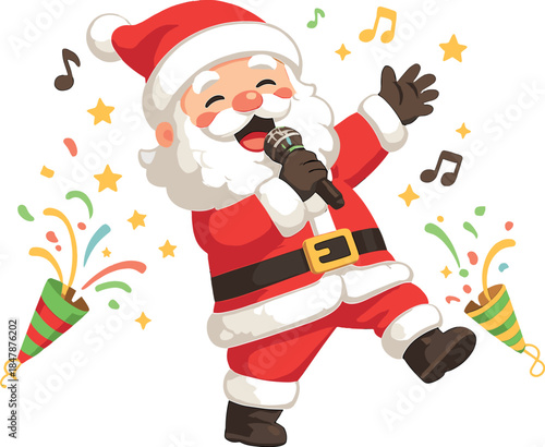 Santa Claus, filled with joy, sings into a microphone amid festive celebrations