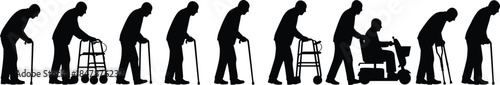Aging Process Silhouette Vector Set, Elderly Men Walking with Canes, Walkers, and Mobility Scooter, Representing Health, Assisted Living, and Senior Care Needs