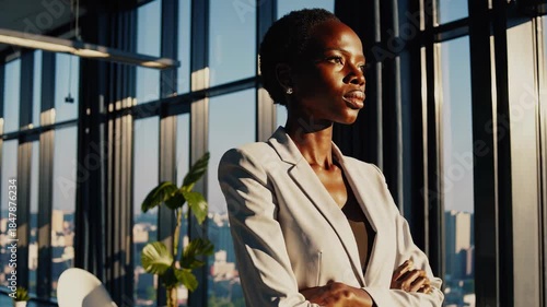 Confident black businesswoman standing with crossed arms in a contemporary high-rise office, looking out at the city skyline view during sunset, symbolizing success and future vision