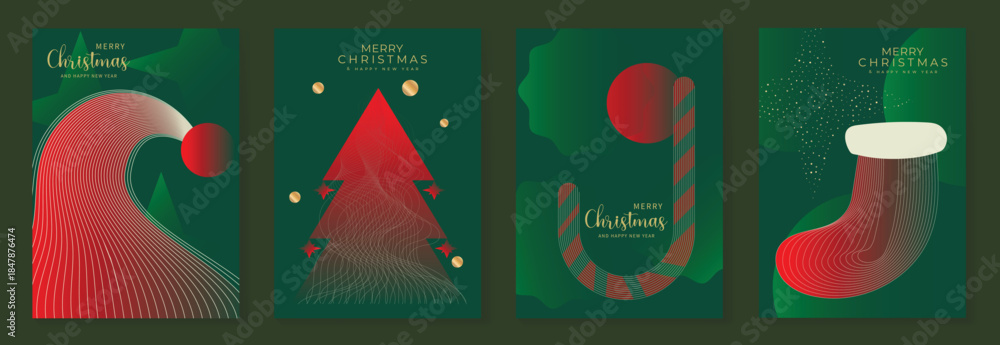 Fototapeta premium Merry Christmas and Happy New Year vector greeting card set. Elegant holiday backgrounds with geometric Christmas trees, stars, snowflakes and gold line art for invitations, posters and banners.