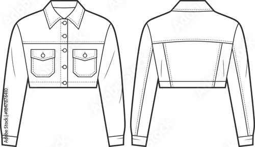 Cropped jacket flat sketch, technical CAD drawing, vector illustration, fashion garment design, button closure, chest pockets, sleeve cuffs, pointed collar detail