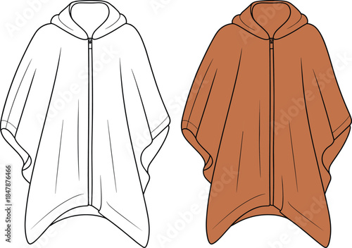Hooded poncho flat sketch, technical CAD drawing, vector illustration, fashion garment design, zipper closure, wide sleeves, curved hem, loose flowing style