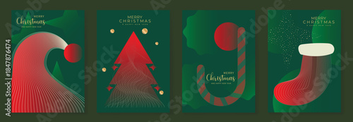 Merry Christmas and Happy New Year vector greeting card set. Elegant holiday backgrounds with geometric Christmas trees, stars, snowflakes and gold line art for invitations, posters and banners.