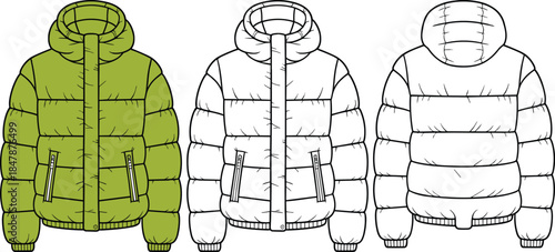 Puffer jacket flat sketch, technical CAD drawing, vector illustration, hooded design, zipper closure, flap cover, ribbed cuffs, side pockets, garment fashion