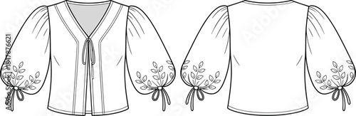 Women’s blouse fashion design, technical flat sketch, vector illustration, CAD drawing, apparel template, clothing pattern, garment construction, puff sleeve style