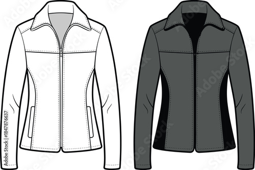 Women’s jacket fashion design, technical flat sketch, vector illustration, CAD drawing, apparel template, clothing pattern, garment construction, outerwear style