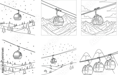 Cable cars transporting people over snowy mountain landscapes