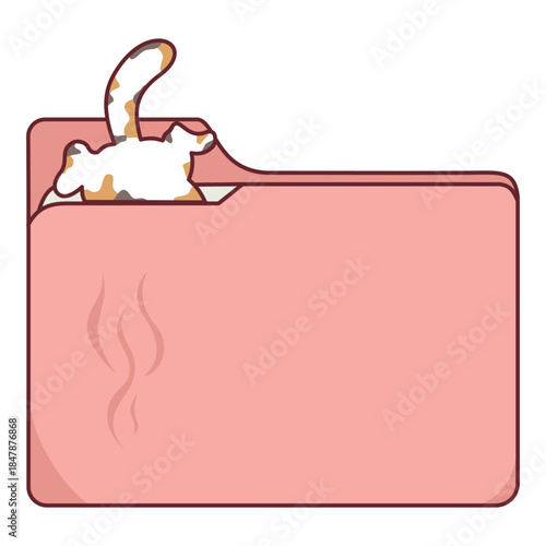 Calico cat popping out of a pink file folder document icon graphic