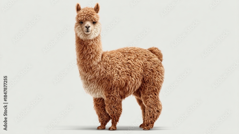 Obraz premium Full body shot of a brown llama against a white backdrop in studio lighting