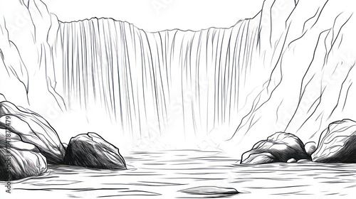 Monochrome waterfall illustration with rocks and water scenery