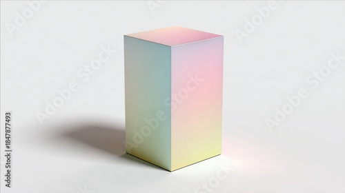 A tall, pastel-colored geometric block casts a shadow on a white background, minimal composition
