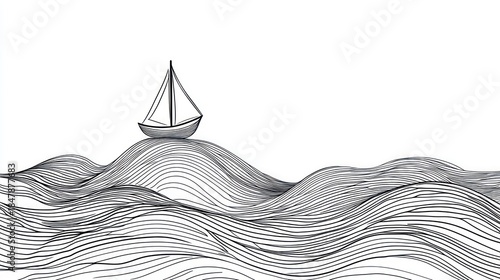 Sailboat on abstract waves minimalist black and white vector illustration