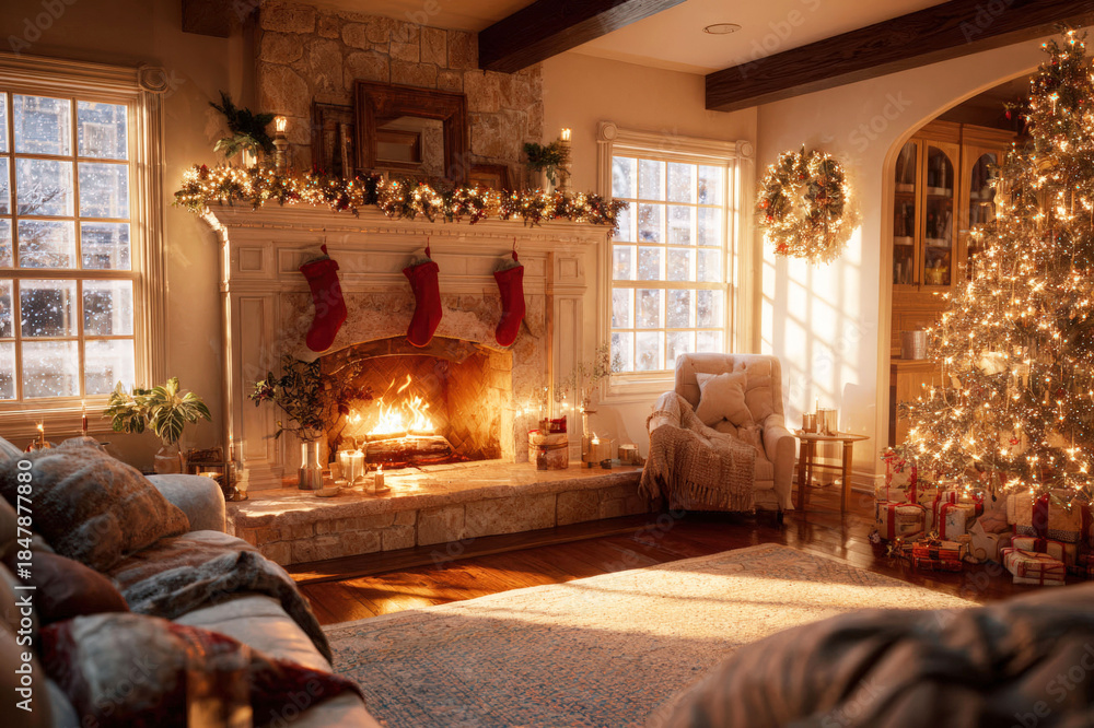 Fototapeta premium Cozy Christmas living room with a roaring fireplace, decorated tree, and snow falling outside, digital background for ms teams, digital background, zoom background